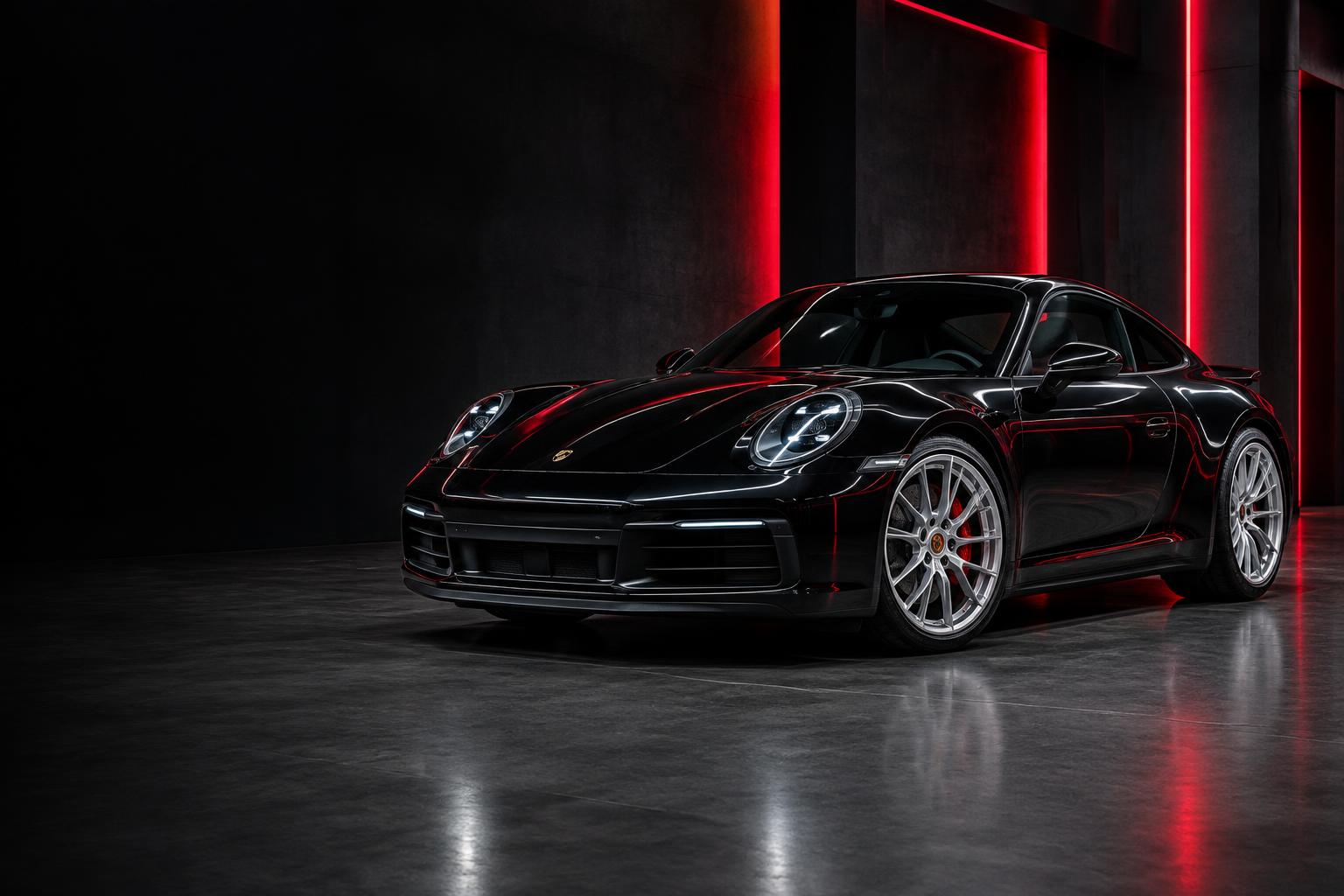 Immaculately polished black sports car with silver wheels in a red-lit studio